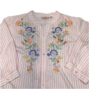 Quacker Factory Floral Embroidered Blouse Pink White Stripe Button Up Women's 1X
